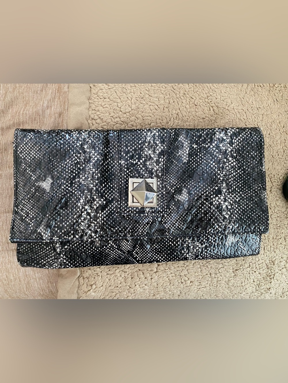 Black & White Python-Print Clutch with Pyramid Turn-Lock
